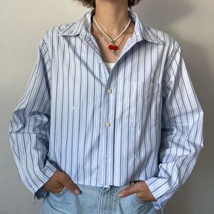 Custom croped striped shirt with handemade embroidery,blue,white, size s-l